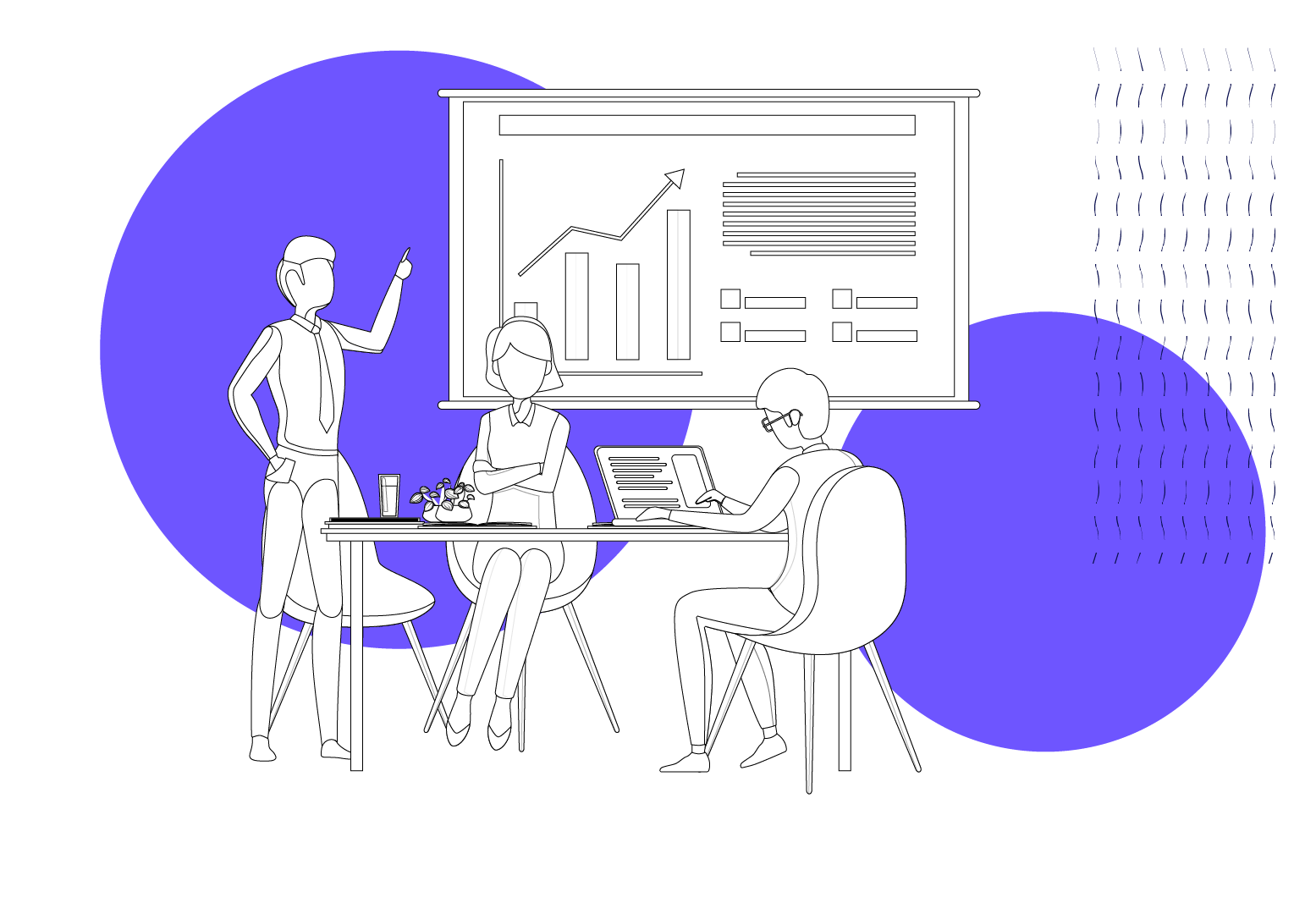 Illustration of people in a board meeting looking at a graph, used in blog 10 ways to achieve effective employee development on a small business budget