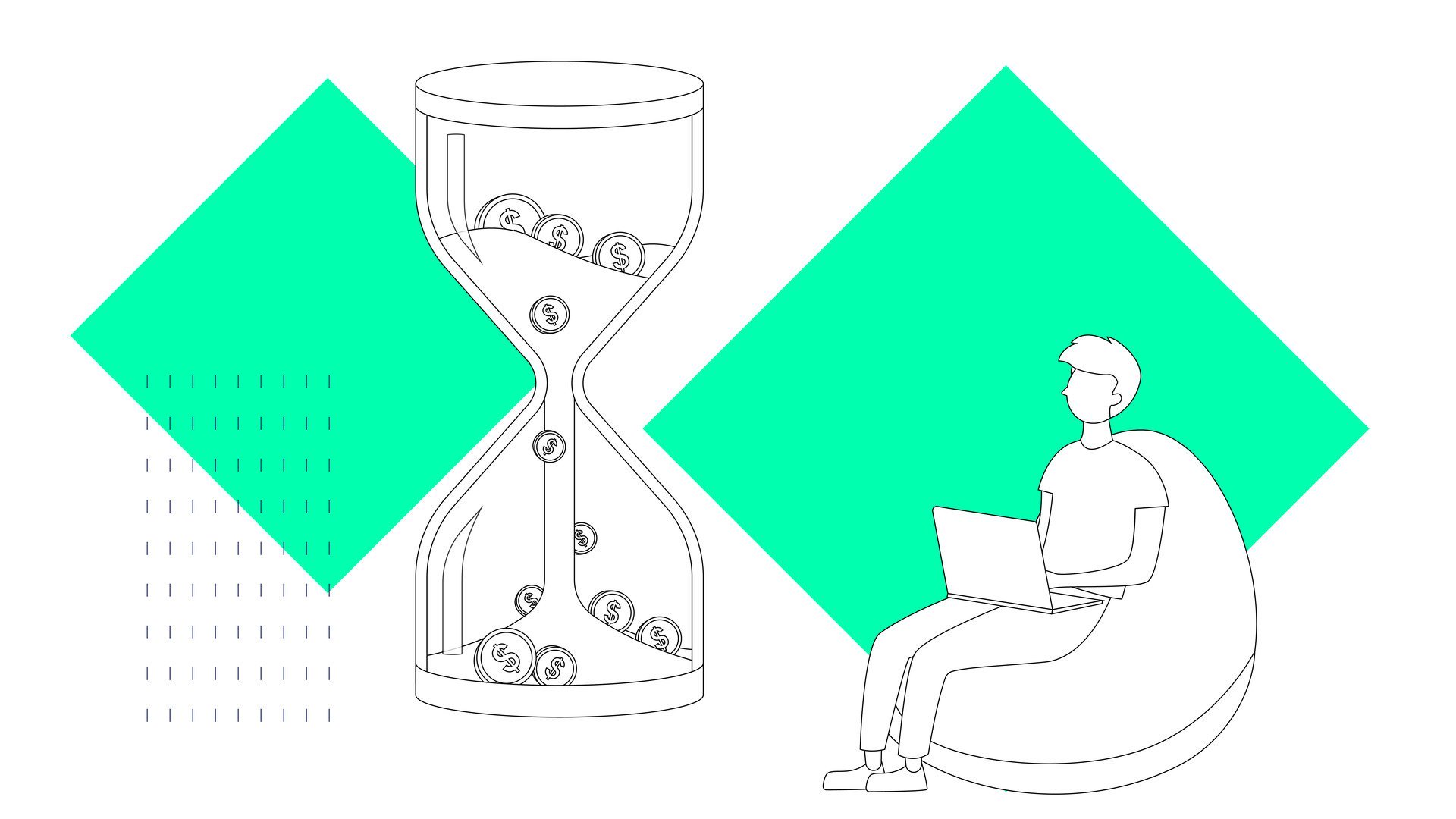 Illustration of a person working on a bean bag looking at a sand timer