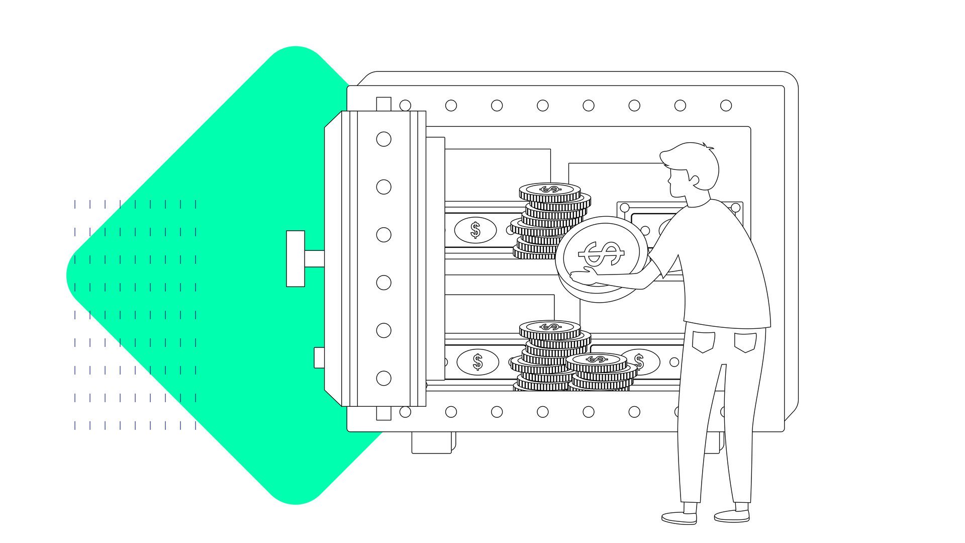 Illustration of a person putting money into a vault, used in blog Avoid the same expenses conversation: here’s how to build a foolproof expenses policy
